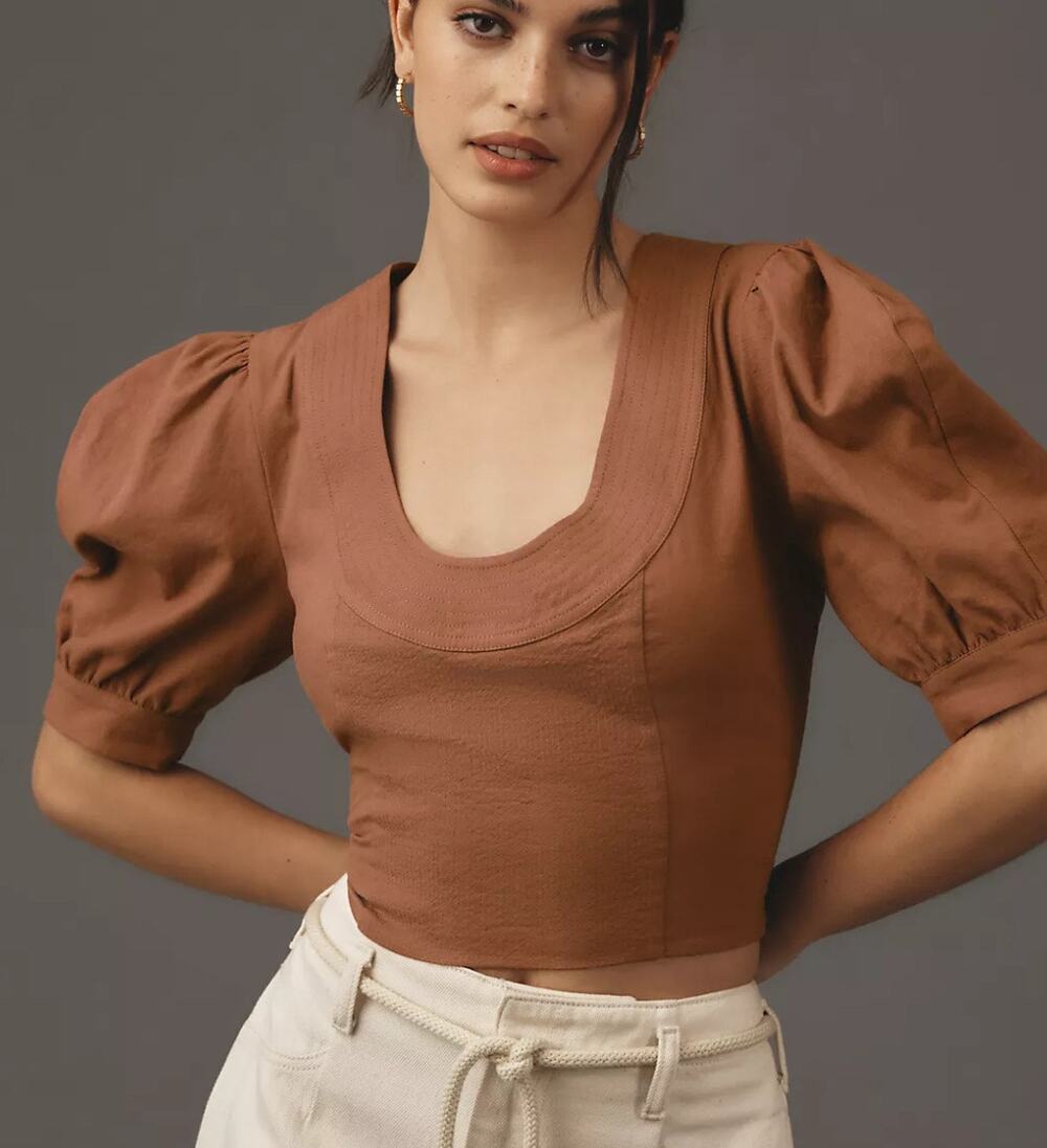 By Anthropologie Linen Blend Scoop Neck Puff-Sleeve Crop Top Brown Women's L